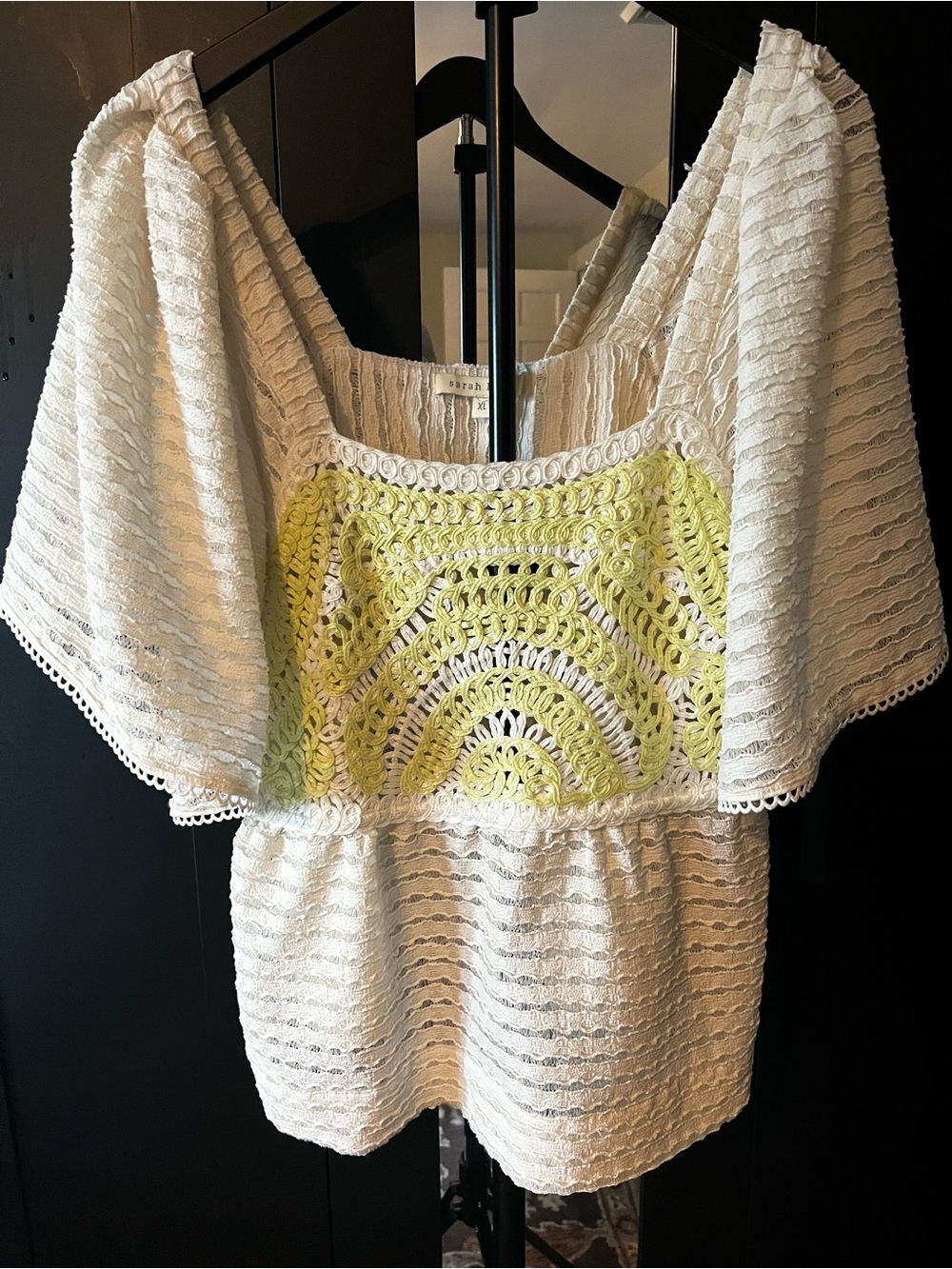Anthropologie Boho Crochet Accent Women's Top in White and Lime